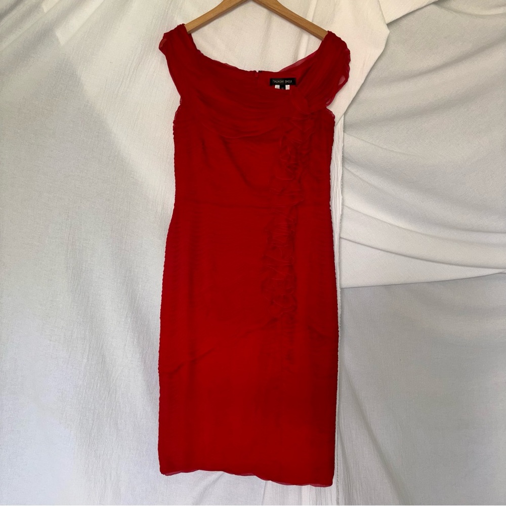 Tadashi Shoji Red Silk Sheath Midi Dress Sleeveless Scoop Neck